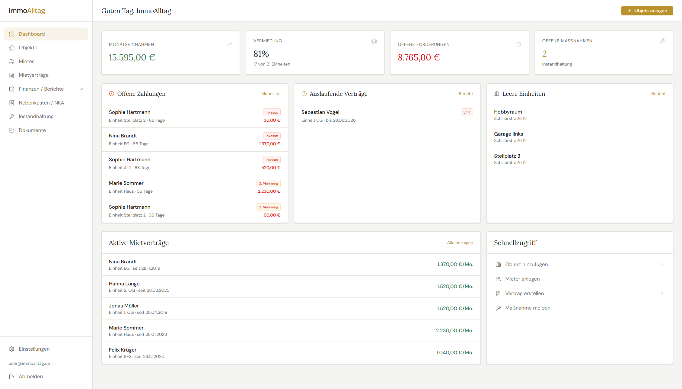 ImmoAlltag Dashboard: Übersicht über Einnahmen, Vermietquote, offene Forderungen und aktive Verträge